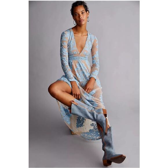 For Love And Lemons Sheer Blue and Tan Maxi Dress - Picture 2 of 13